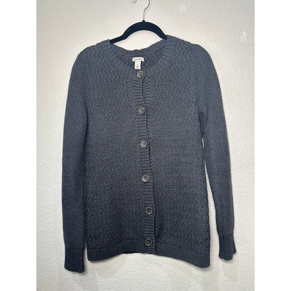 LL Bean Women Charcoal Grey Cotton Textured Knit Button Front Cardigan Sweater S